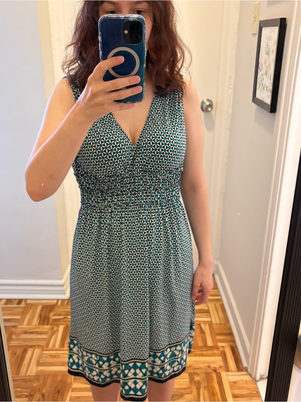 Max Studio Teal Geometric V-Neck Midi Dress